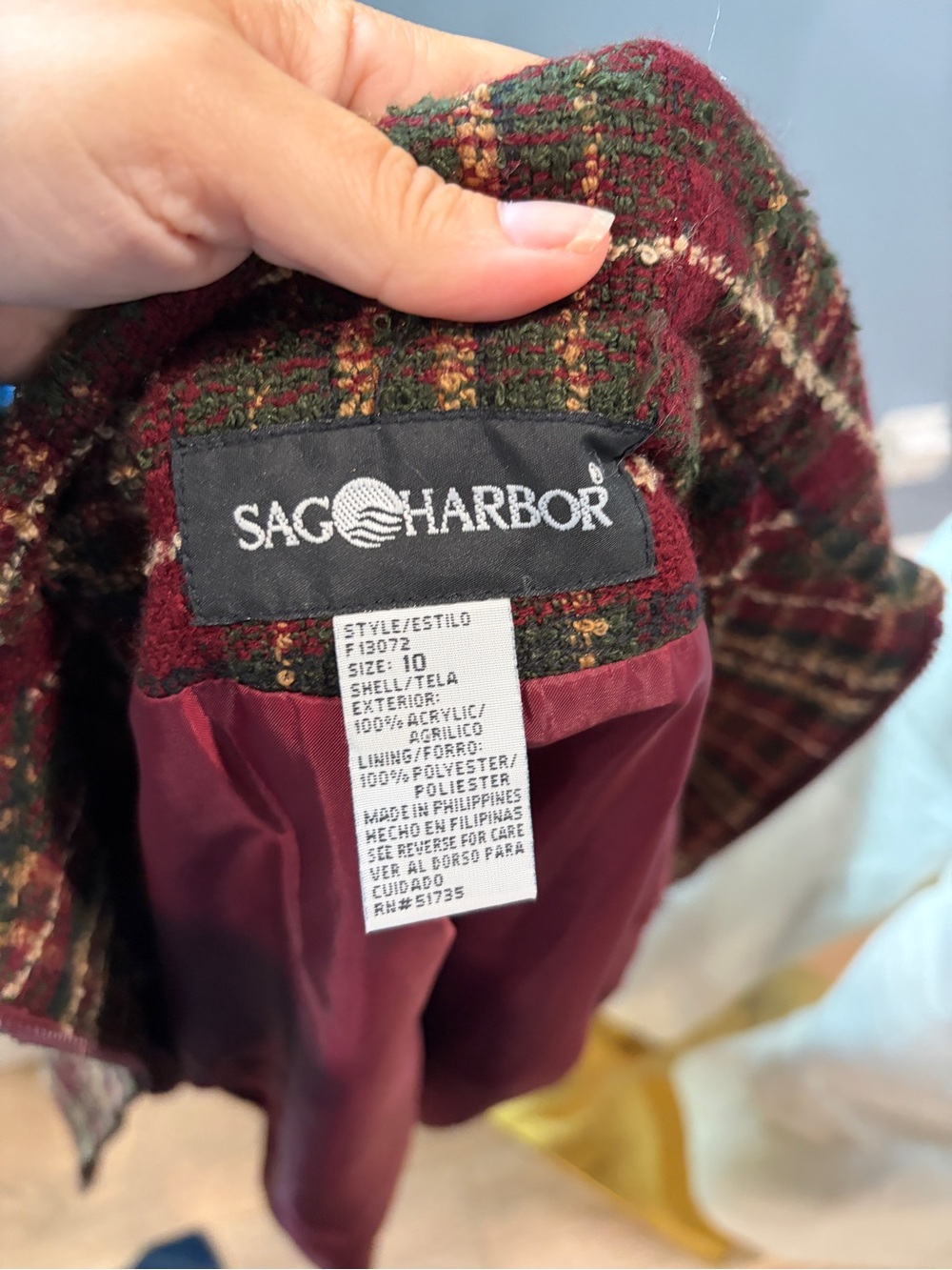 Sag Harbor Vintage Plaid Tweed Jacket Size 10 Burgundy Green Tartan Zip Front - Picture 9 of 9